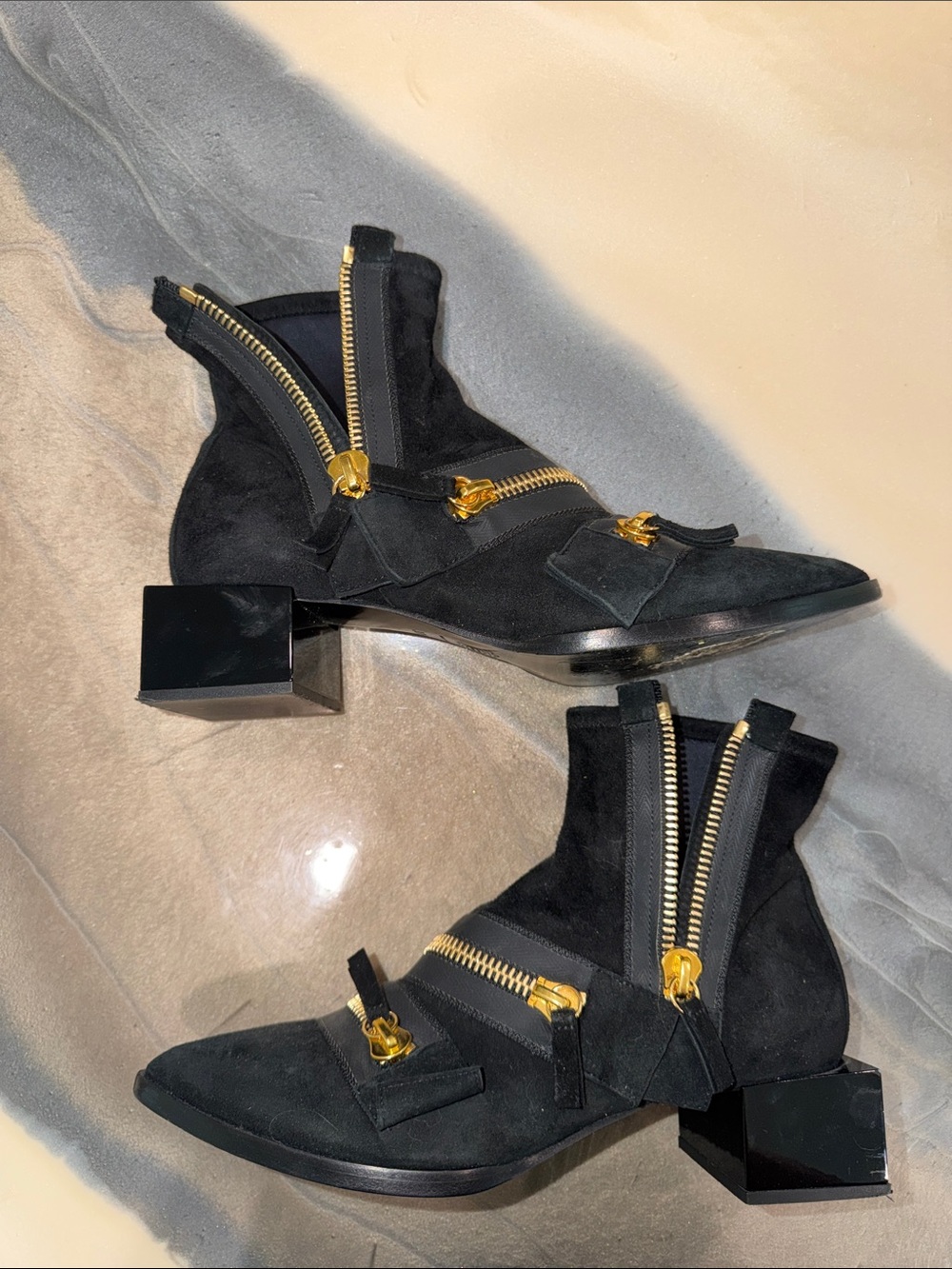 Pierre Hardy Black Suede Ankle Booties with Gold Zipper Hardware